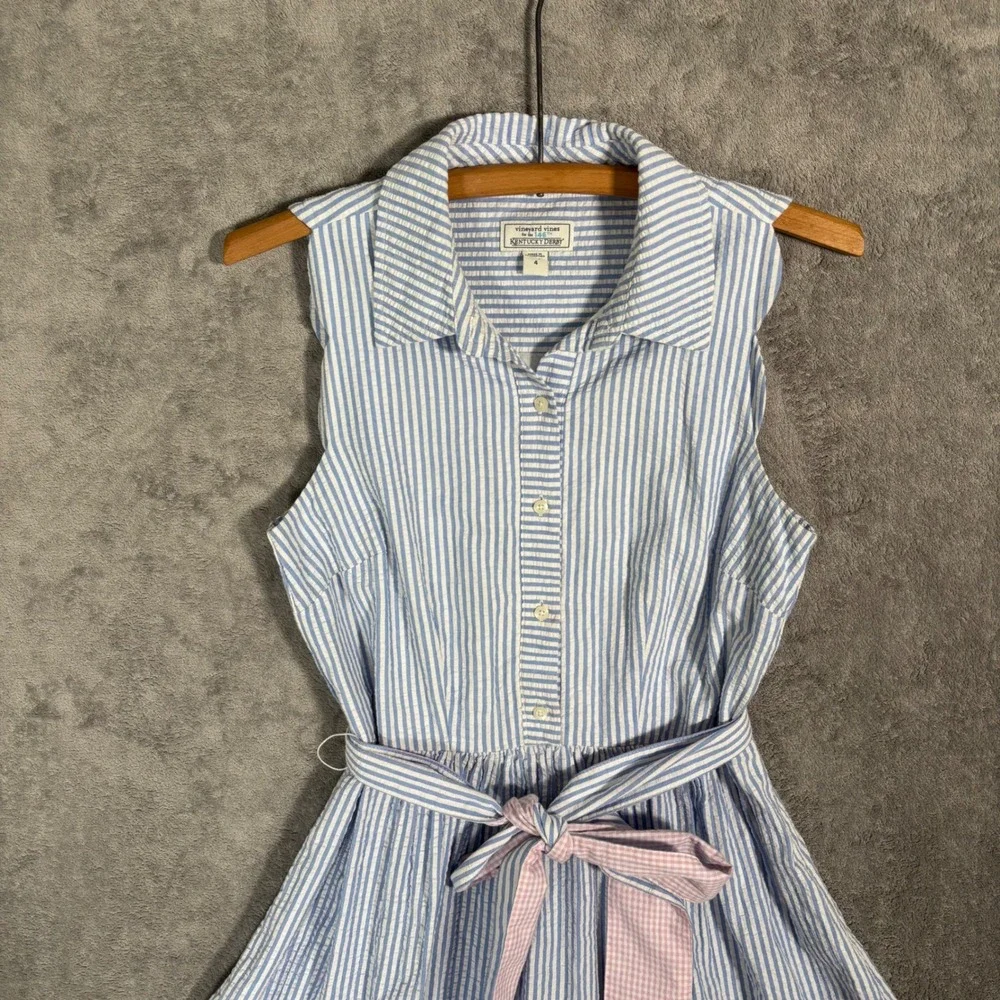 Vineyard Vines Blue and White Striped Sleeveless Shirt Dress with Pink Bow - Picture 8 of 15